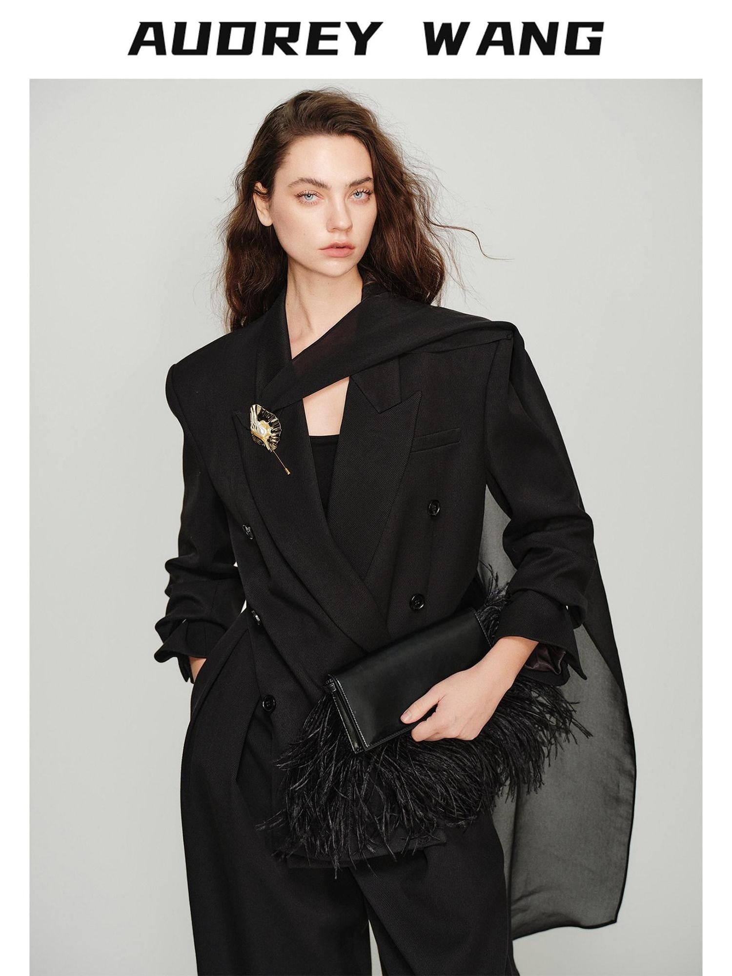 audreyyang Elegant Loose Fit Sash Double Breasted Notch Lapel Black Polyester Blazers