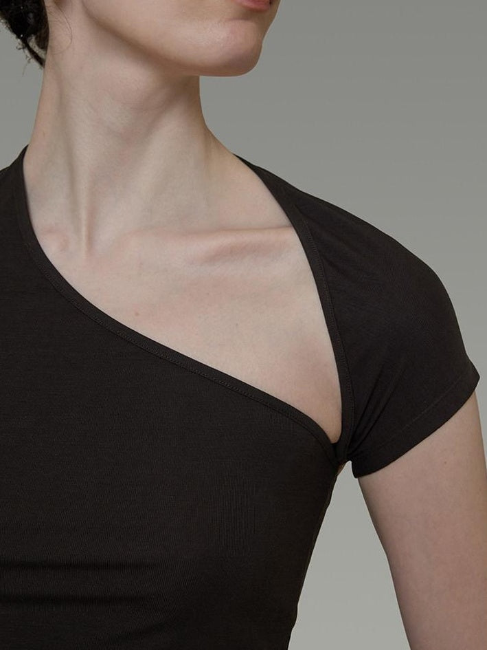 unspoken Soft Lyocell Asymmetric Neck Fitted Stone Green Off Shoulder Crop Tops