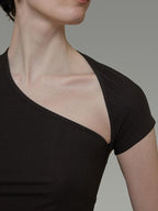 unspoken Soft Lyocell Asymmetric Neck Fitted Stone Green Off Shoulder Crop Tops