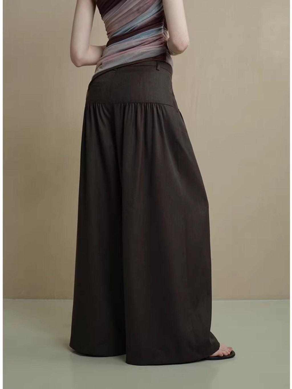 someonesometimes Comfort Minimalist Elastic Natural Waist Office Dark Brown Wide Leg Pants