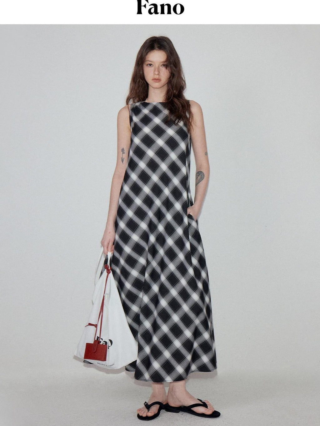 fano Plaid Sleeveless A Line Natural Waist Korean Office Casual Maxi Dresses