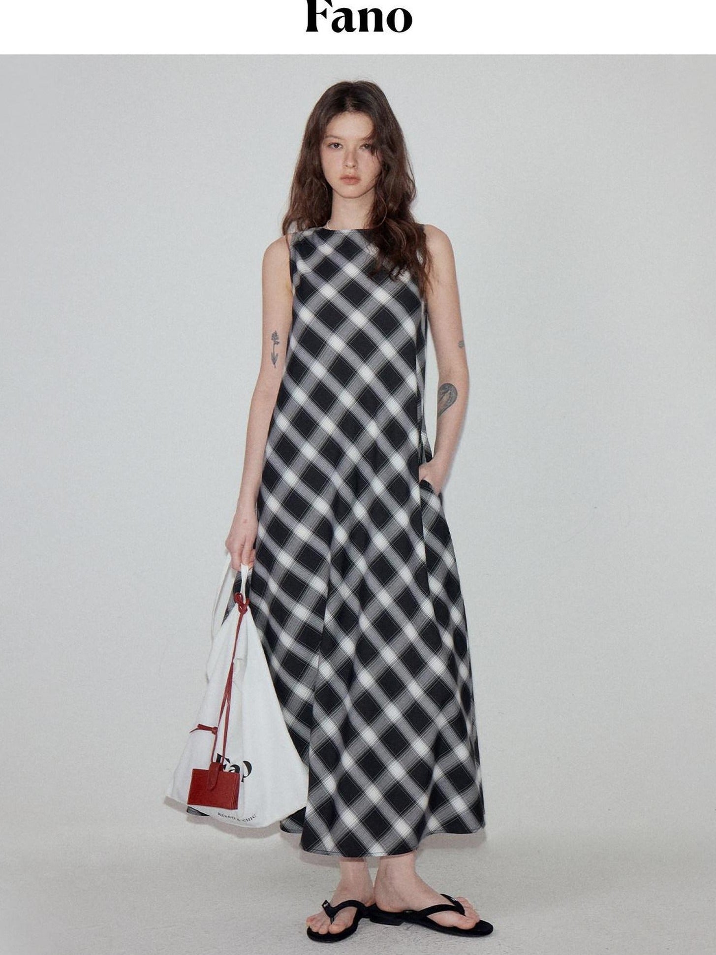 fano Plaid Sleeveless A Line Natural Waist Korean Office Casual Maxi Dresses