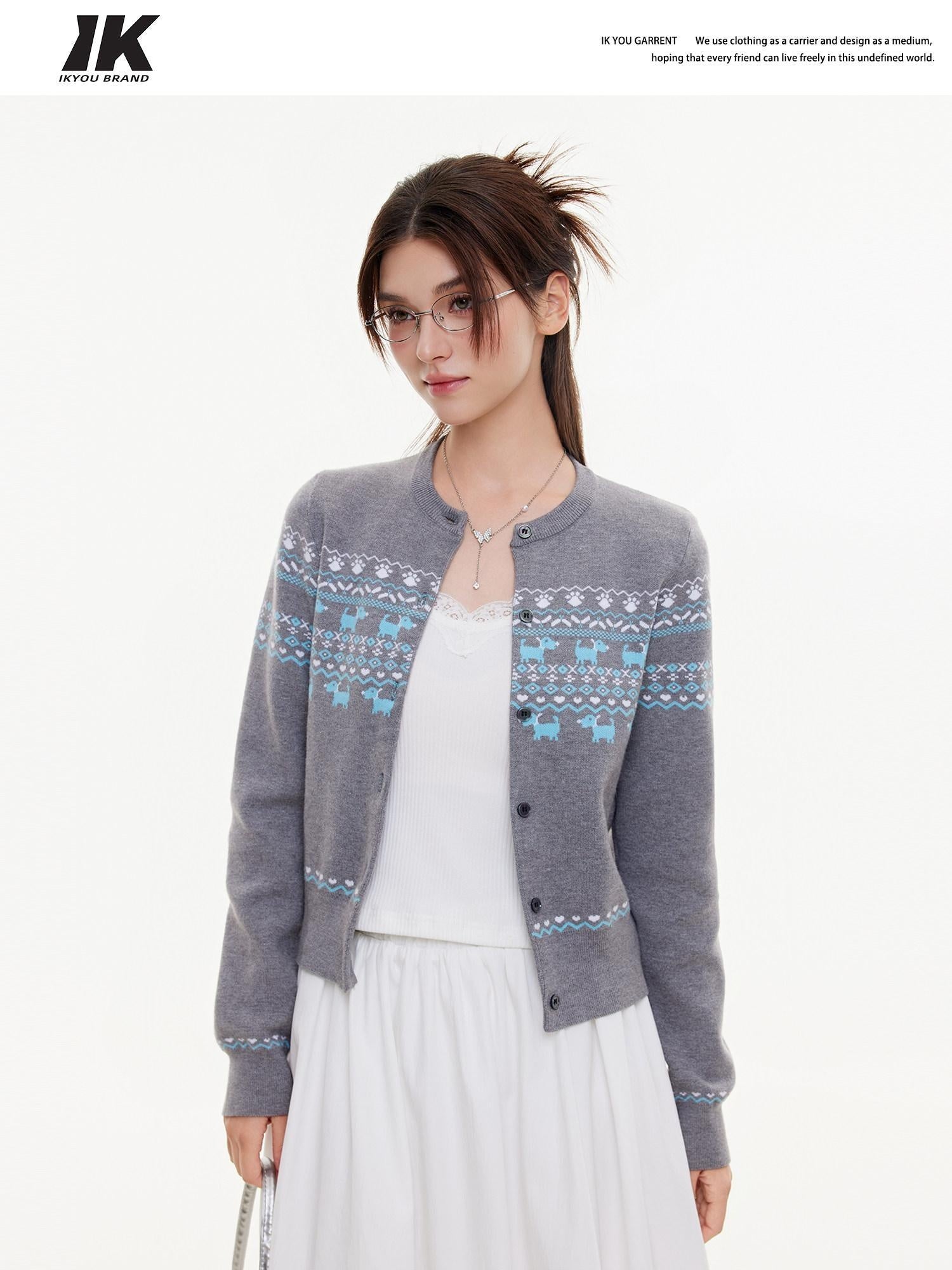 ikyou Lightweight Warmth Loose Knit Commuter Women Grey Cute Animal Cardigans