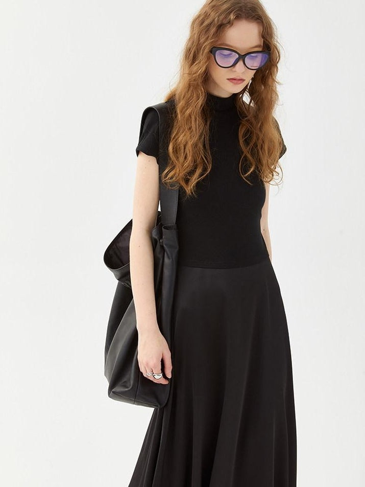 fano High Waist Minimalist Office A Line Short Sleeve Mock Neck Black Midi Dresses