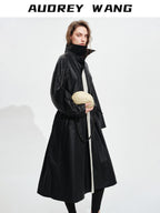 audreyyang Detachable Belt Pure Cotton Loose Long Single Breasted Women Black Trench Coats