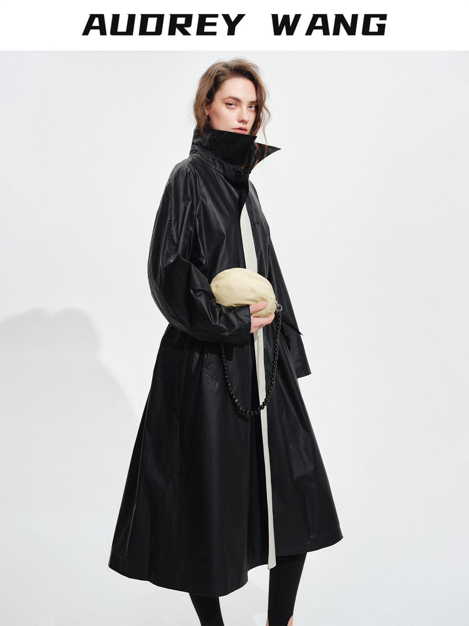 audreyyang Detachable Belt Pure Cotton Loose Long Single Breasted Women Black Trench Coats