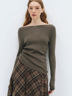 someonesometimes Soft Acrylic Wool Nylon Blend Slim Fit Printed Boat Neck Women Mud Green Sweater