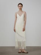 unspoken Tassel Trim High Waist V-neck A Line Strappy Office Beige Polyester Midi Dresses