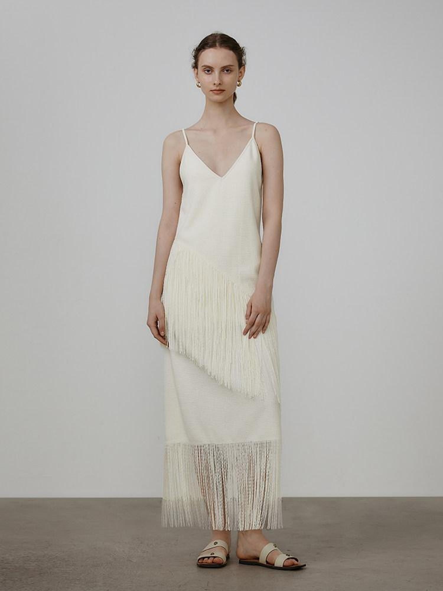 unspoken Tassel Trim High Waist V-neck A Line Strappy Office Beige Polyester Midi Dresses