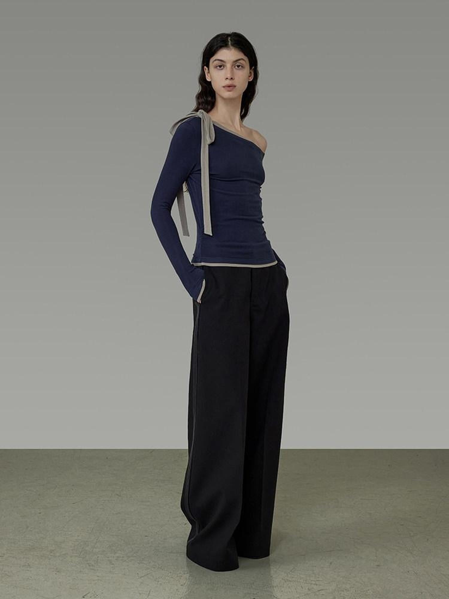 unspoken Tie Detail Slim Knit Pullover Asymmetrical Collar Office Viscose Blouses