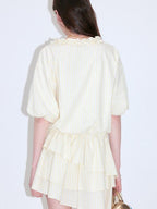 fano Pure Cotton High Waist Ruffle Puff Sleeve V-neck Yellow Striped Midi Dresses
