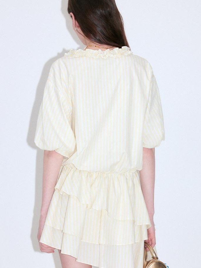 fano Pure Cotton High Waist Ruffle Puff Sleeve V-neck Yellow Striped Midi Dresses