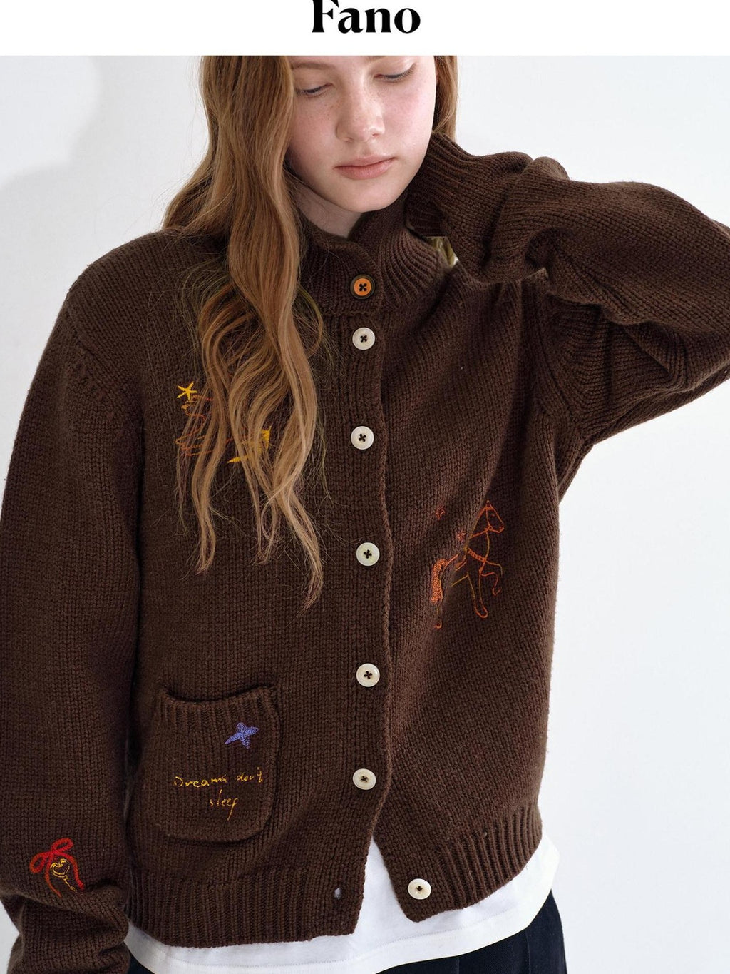 fano Soft Wool Blend Knit Commuter Loose Fit Stand Collar Women Brown Cardigans