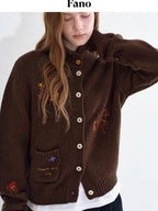 fano Soft Wool Blend Knit Commuter Loose Fit Stand Collar Women Brown Cardigans
