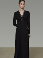 unspoken Lyocell Knit Lace Trim Fitted Waist Minimal Commuter V-neck Maxi Dresses