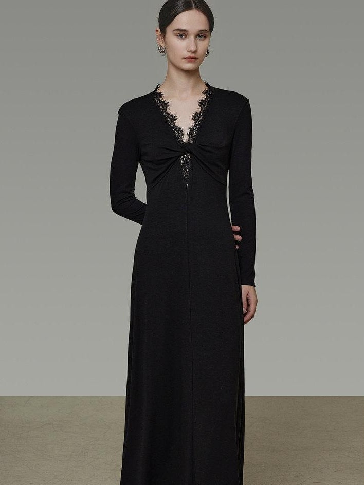 unspoken Lyocell Knit Lace Trim Fitted Waist Minimal Commuter V-neck Maxi Dresses