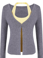 fano Soft Breathable Korean V-neck Slim Faux Layered Colorblock Cardigans