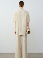 audreyyang Elegant Lace Natural Waist Office Loose Womens White Linen Blend Wide Leg Pants