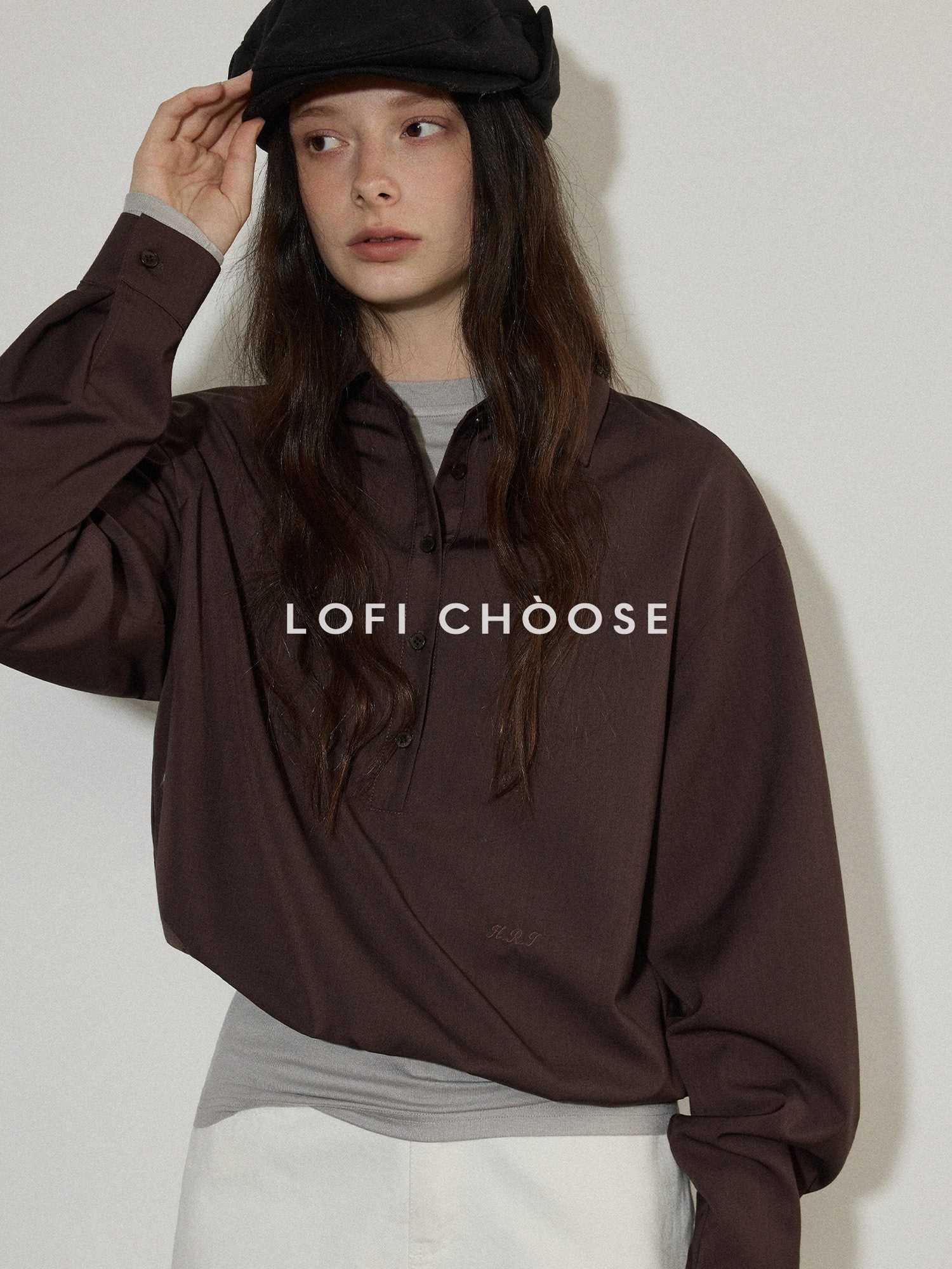 Lofi choose Embroidered Loose Drop Shoulder Collared Workwear For Women Polyester Blouses