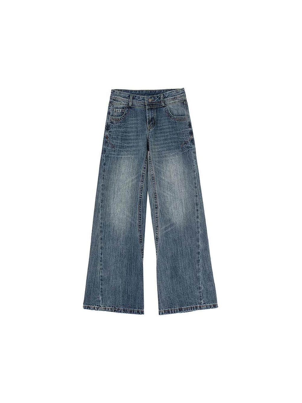ikyou Durable Distressed Washed Blue Relaxed Natural Waist Rigid Denim Wide Leg Jeans