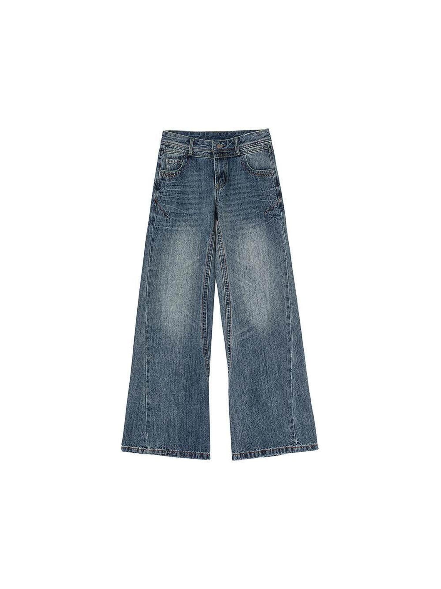 ikyou Durable Distressed Washed Blue Relaxed Natural Waist Rigid Denim Wide Leg Jeans