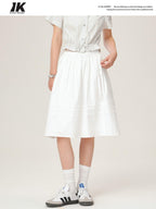 ikyou High Waist 100 Percent Cotton Resin Colorfast A Line Casual White Midi Skirts