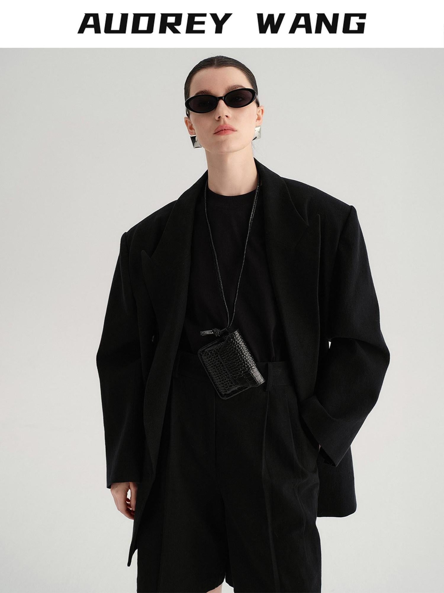 audreyyang Cotton Linen Blend Double Breasted Relaxed Casual Women Commuter Black Blazers