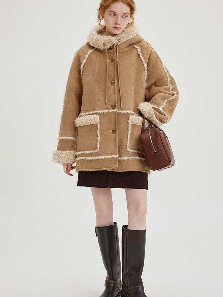 fano Warm Wool Blend Hooded Loose Patchwork Womens Commuter Long Coats