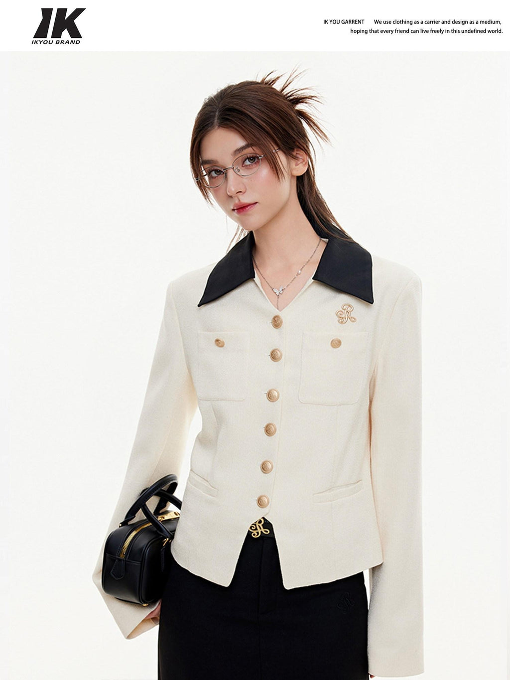 ikyou Office Slim Fit White Lapel Button Multi Pocket Women Cropped Jackets