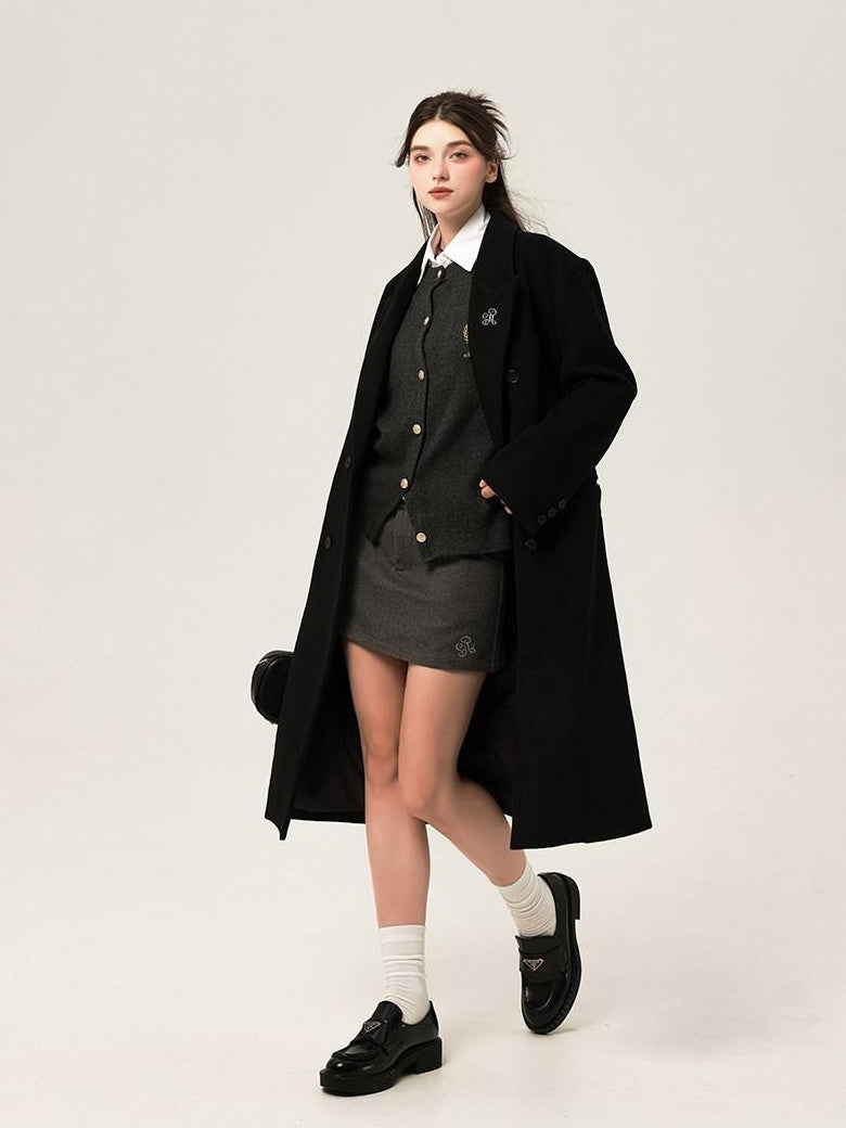 ikyou Wool Blend Double Breasted Straight Mid Length Office Tailored Black Long Coats