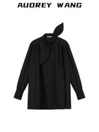 audreyyang Slimming Pleated Loose Longline Button Front Long Sleeve Women Blouses