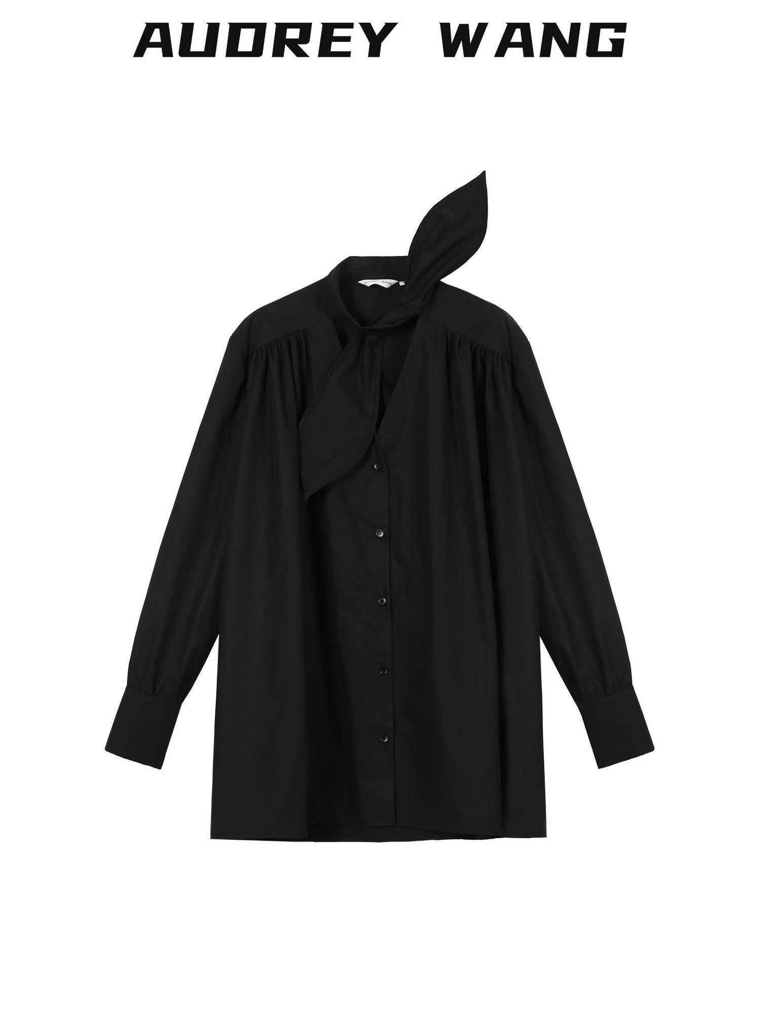 audreyyang Slimming Pleated Loose Longline Button Front Long Sleeve Women Blouses