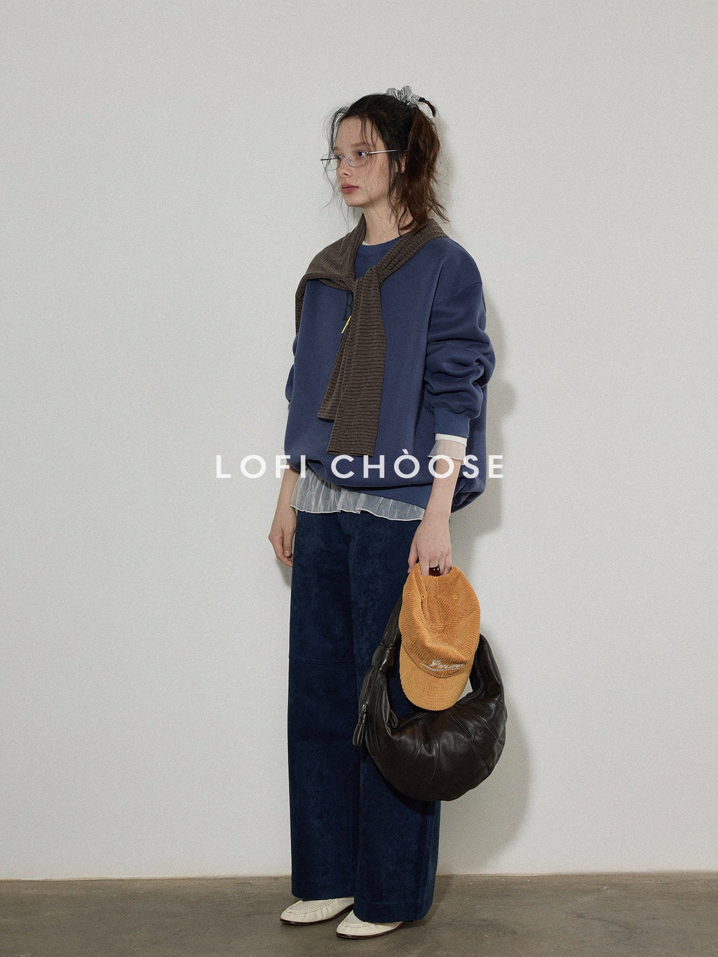 Lofi choose Patchwork Loose Fit Office Crew Neck Women Dark Gray White Long Sleeve T-Shirts
