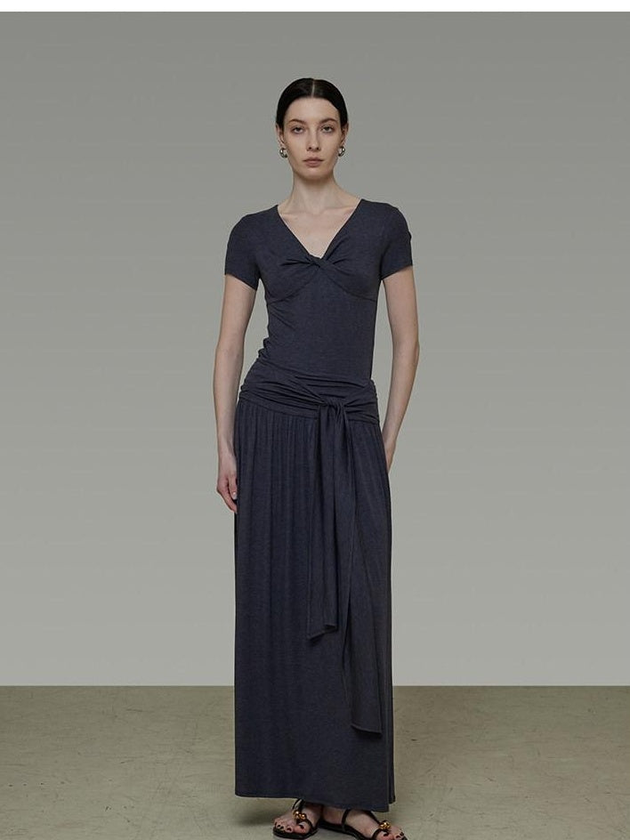 unspoken Lyocell Blend V-neck Slim Fit Minimal Workwear Women Solid Color Maxi Dresses