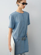 audreyyang Washed Tencel Micro Stretch Straight Fit Denim Blue Casual Short Sleeve T-Shirts