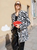 audreyyang Wool Blend Fringe Relaxed Double Breasted Women Zebra Print Blazers