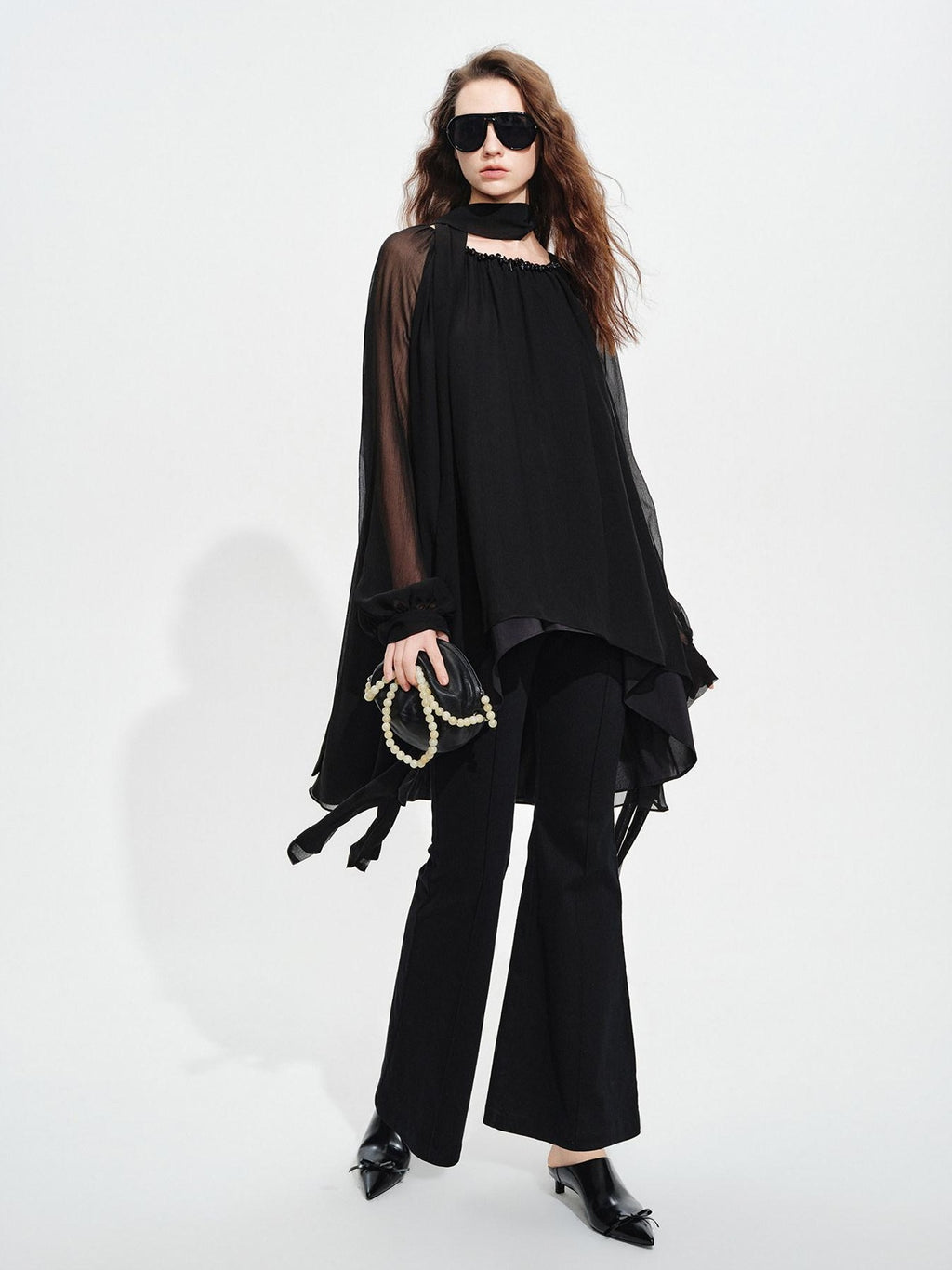 audreyyang Beaded Silk Elegant Loose Lantern Sleeve Tie Neck Black Midi Dresses