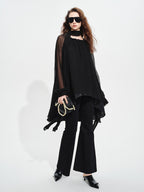 audreyyang Beaded Silk Elegant Loose Lantern Sleeve Tie Neck Black Midi Dresses