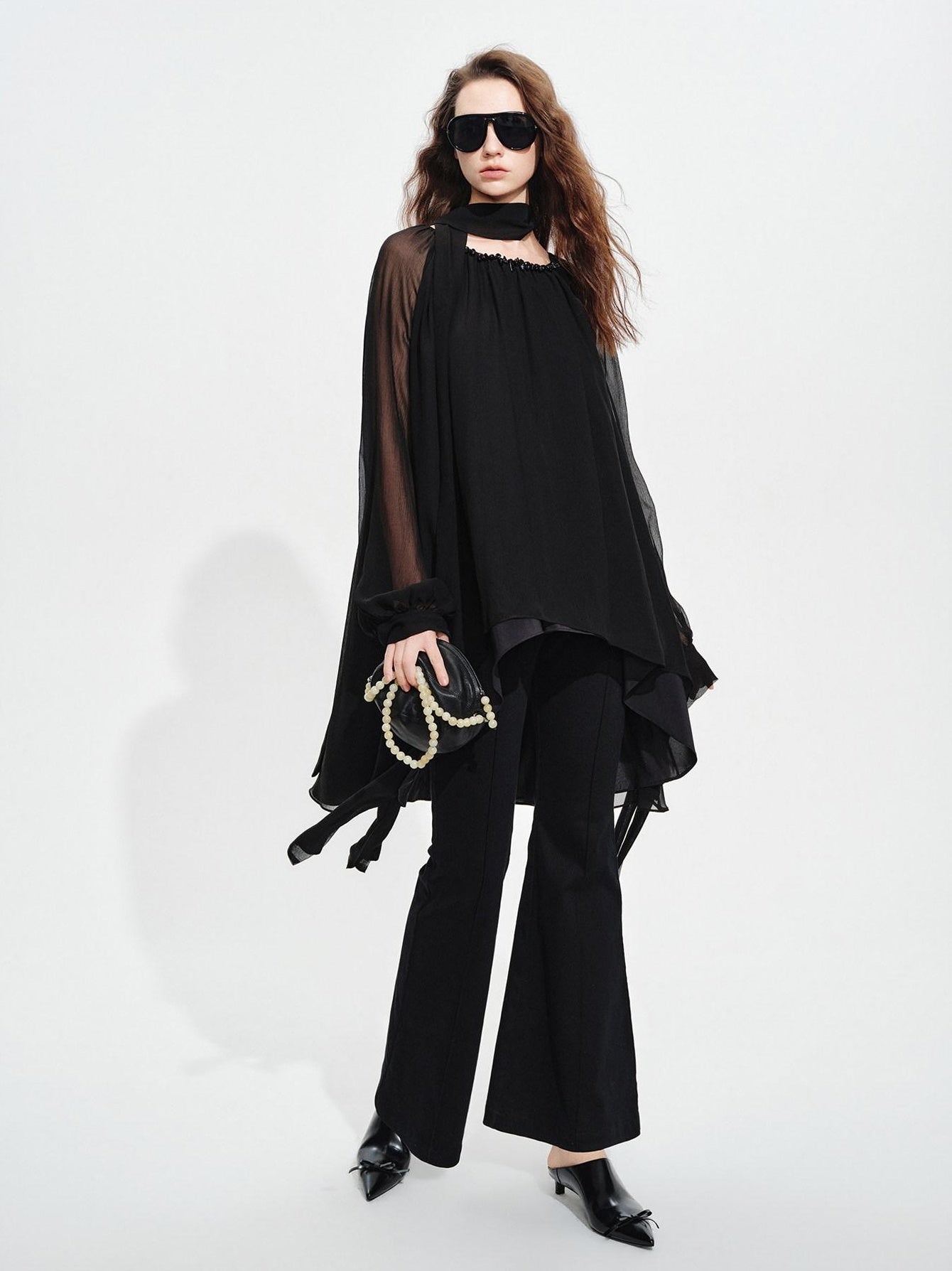 audreyyang Beaded Silk Elegant Loose Lantern Sleeve Tie Neck Black Midi Dresses