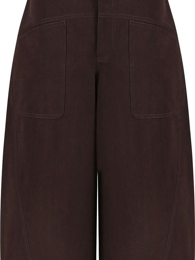 fano High Waist Cotton Warm Minimal Commuter Pocket Button Women Brown Wide Leg Pants