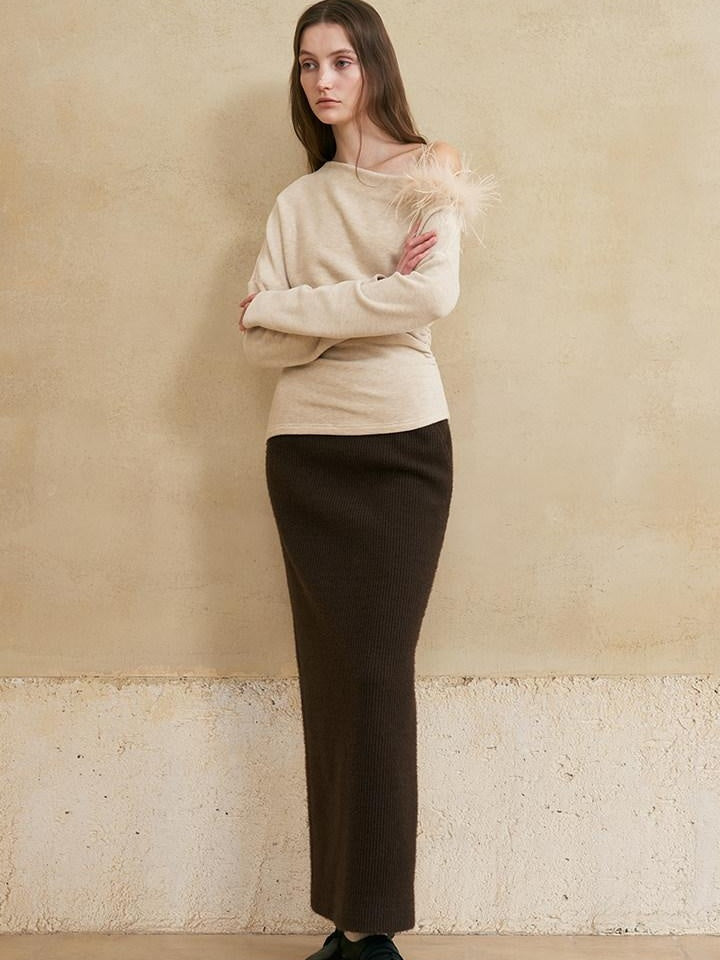 someone sometimes Lined Mid Waist Slit Casual Straight Knit Dark Brown Daily Maxi Skirts