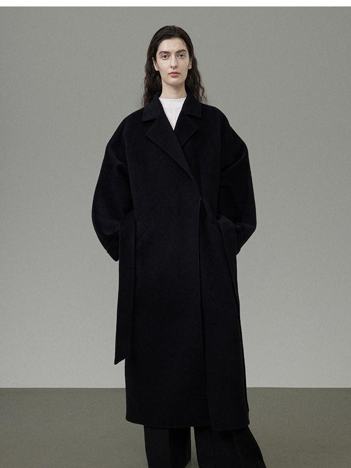 unspoken 100 Percent Wool Minimal Straight Long Tie Office Women Black Wool Coats