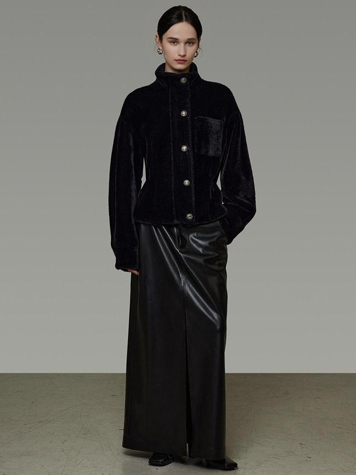 unspoken High Waist Textured H Line Straight Minimalist Workwear Black Midi Skirts
