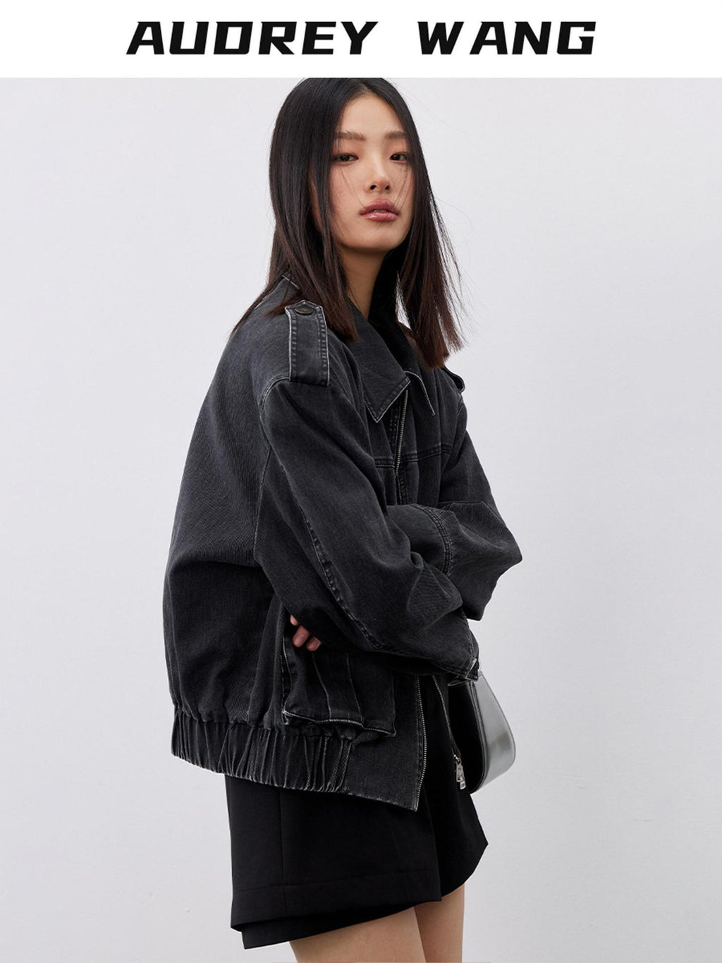audreyyang Cotton Loose Commuter Lapel Zipper Long Sleeve Women Ash Gray Cropped Jackets