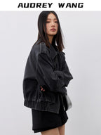 audreyyang Cotton Loose Commuter Lapel Zipper Long Sleeve Women Ash Gray Cropped Jackets