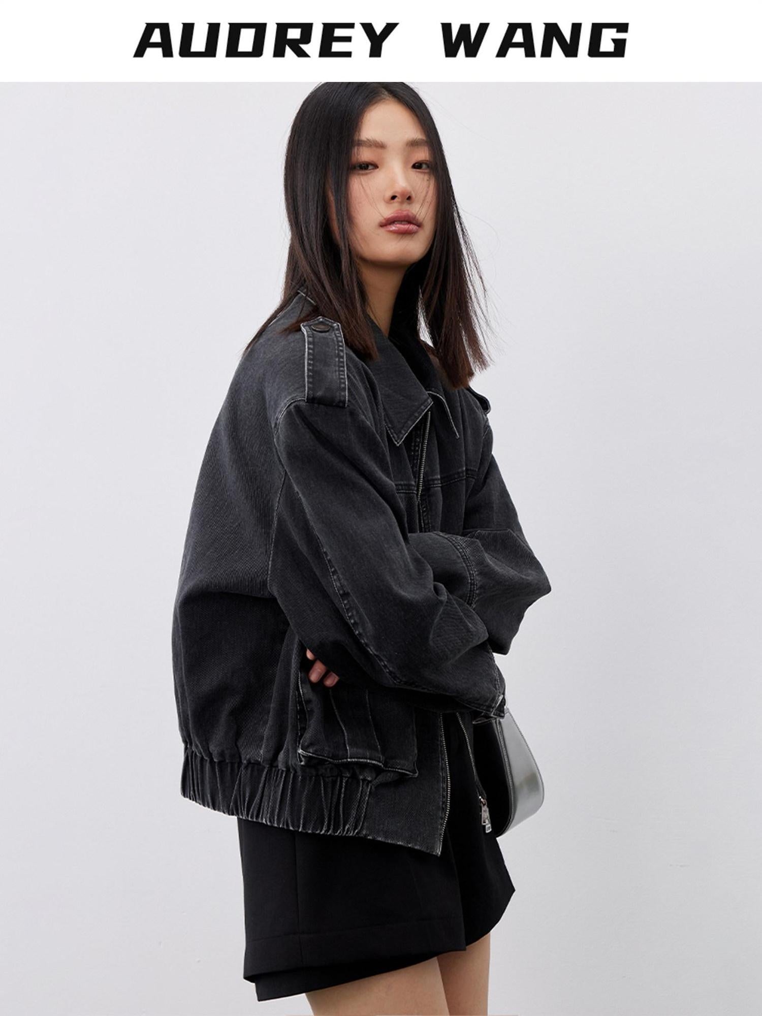 audreyyang Cotton Loose Commuter Lapel Zipper Long Sleeve Women Ash Gray Cropped Jackets