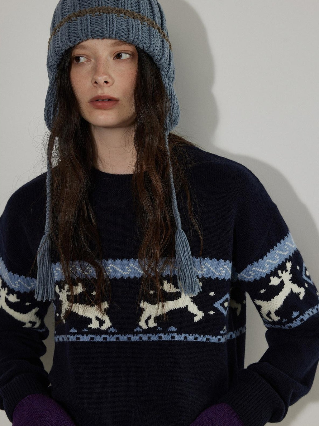Lofi choose Cozy Thick Knit Pullover Loose Fit Commuter Crew Neck Navy Sweaters
