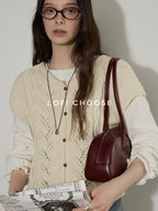 Lofi choose Versatile Openwork Short Round Neck Office Knit Women Ivory Acrylic Cardigans