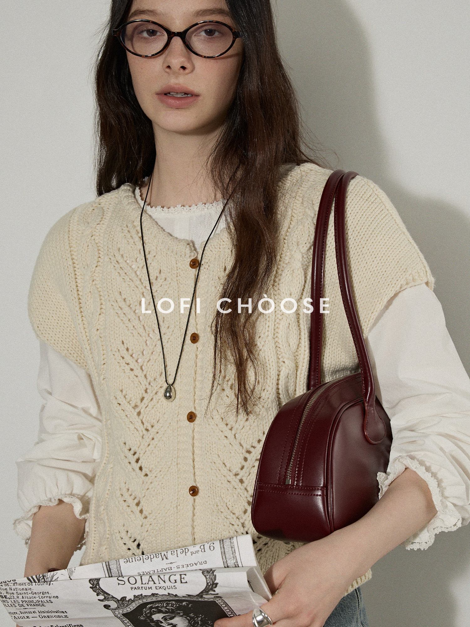 Lofi choose Versatile Openwork Short Round Neck Office Knit Women Ivory Acrylic Cardigans