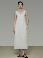 unspoken Soft 100 Percent Cotton Crochet V-neck Sleeveless Office White Maxi Dresses